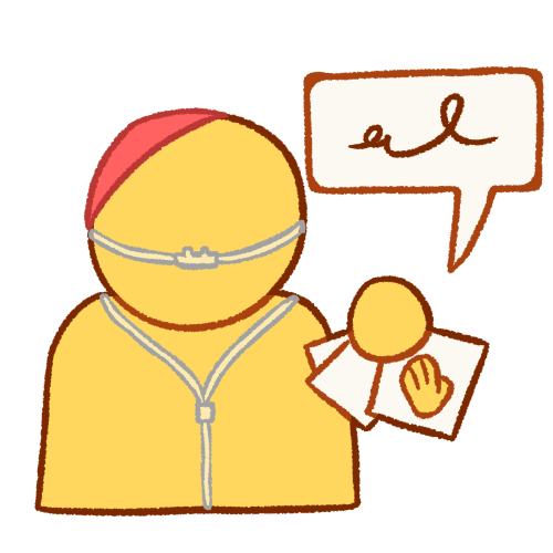 a bust of an emoji yellow person wearing a pink kippah and nasal cannula holding communication cards, which show a hand on them. there is a speech bubble containing a scribble coming from the cards.